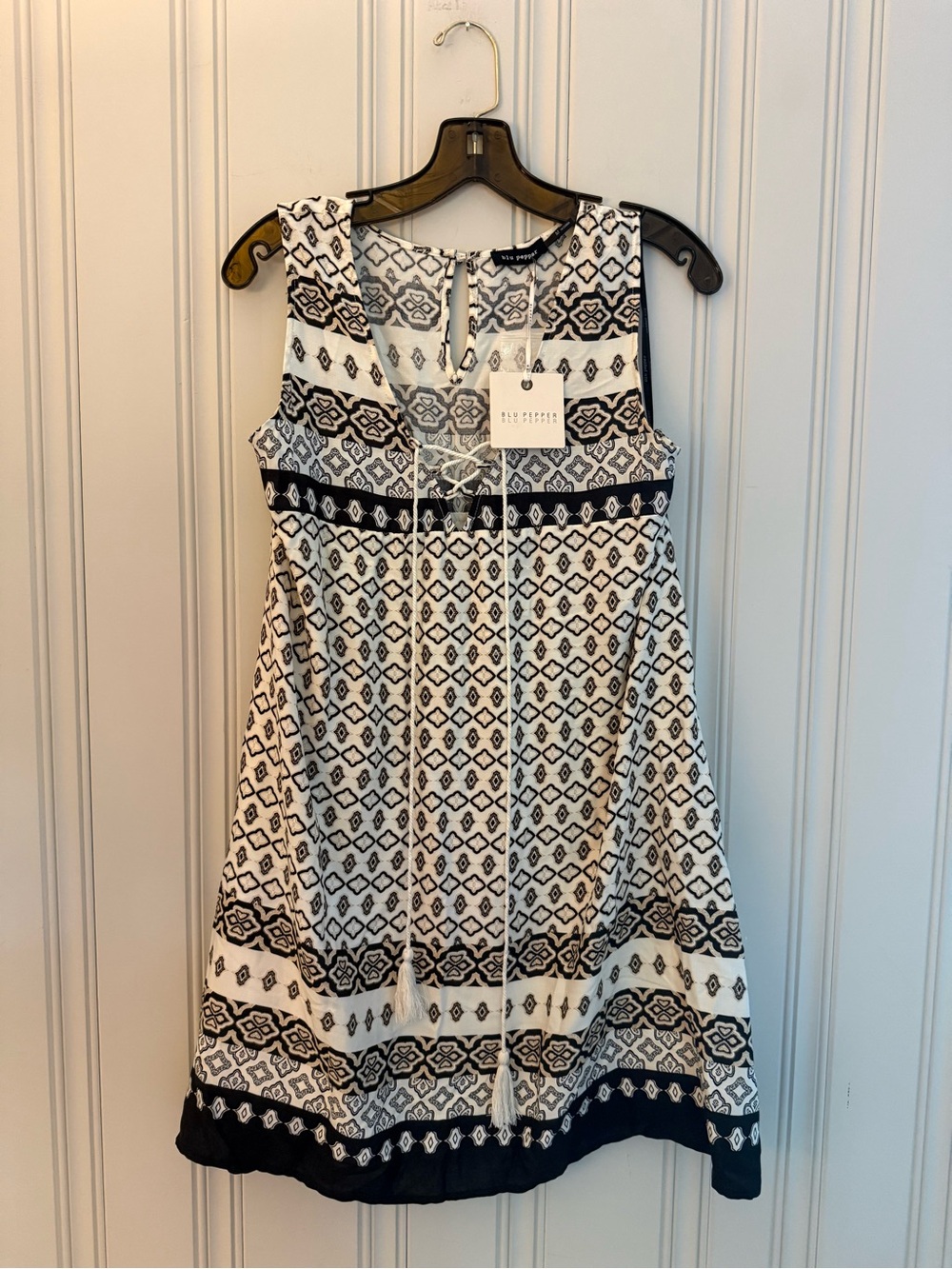 Blu Pepper Black & White Lace-Up Printed Mini Dress